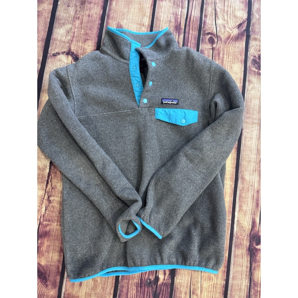 Patagonia Synchilla Snap-T Women's Gray Blue Snap Pullover Jacket Pockets XS